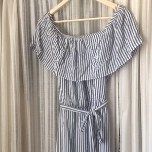 Blue striped off-the-shoulder sundress